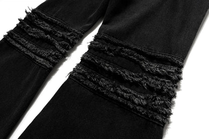 y2k streetwear trendy oversized micro flare jeans black ro hip hop washed tassel distressed denim jean raw edge mens wide pants unique jeans style 4780