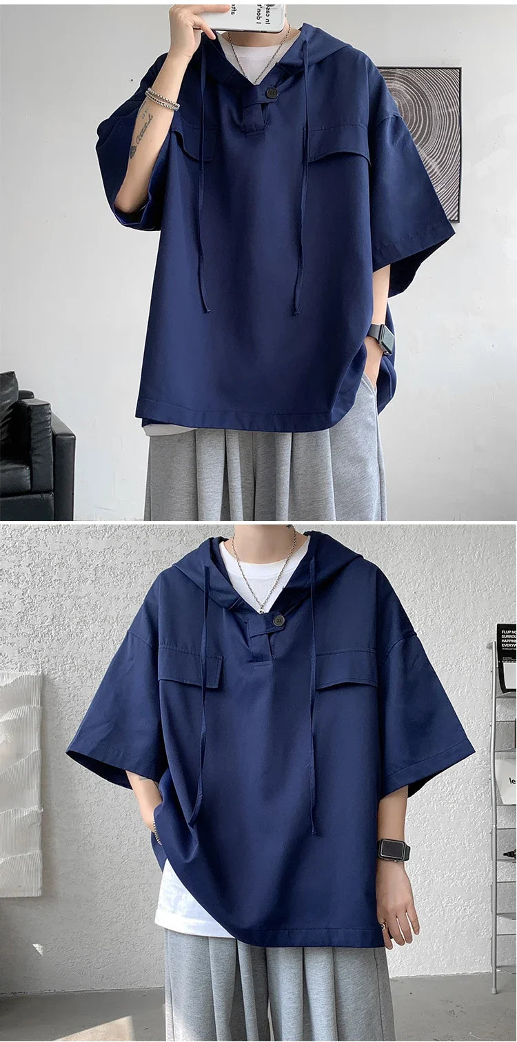 5 Colors Summer Hooded T shirt Men Korean Half Sleeve Pullover Streetwear Loose T-shirt Tops Drawstring Men Clothing Street King Limited