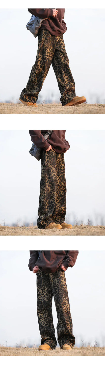 Leopard Print Jeans Men Fashion Retro Wide Leg Jeans Men Streetwear Hip-hop Loose Straight Jeans Mens Vintage Denim Trousers Street King Limited