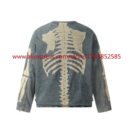 vintage mens long sleeved denim jacket high street oversized washed bone embedding tops clothing autumn winter 2024 heavyweight unique jeans style 1325