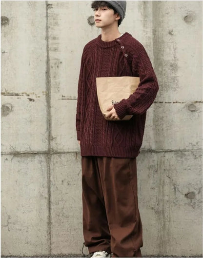 Thicken Japanese Retro Sweater Mens 2024 New College Couples Casual Warm Round Neck Pullover Red Simplicity Knitted Jacket Street King Limited