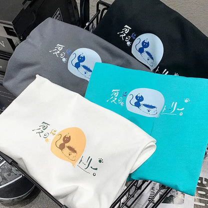 Korean style fun cat print men short-sleeved T-shirt new lazy style y2k simple casual versatile salt loose half-sleeved T-shirt Street King Limited