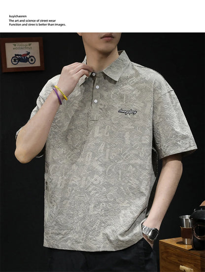 Streetwear Summer Full Letter Printed Polo Shirt For Men New Lapel Button Tee Sh Summer Full Letter Printed Polo Shirt For Men 2024 New Lapel Button Tee Shirts Oversized Short Sleeve Y2K Streetwear T Shirt Fashion Sweater Jacket With Graphic Design For Men