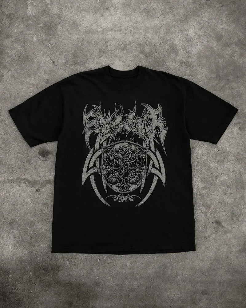 American Trendy Gothic Dragon Letter Printed Oversized T-Shirt Men's 2024 Streetwear Fashion Loose Round Neck Short Sleeve Top Street King Limited