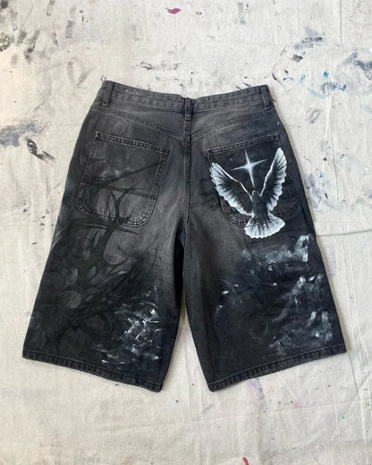 y2k american street retro graffiti anime print oversized denim shorts men shorts high waist fashion loose casual wide leg pants unique jeans style 3371