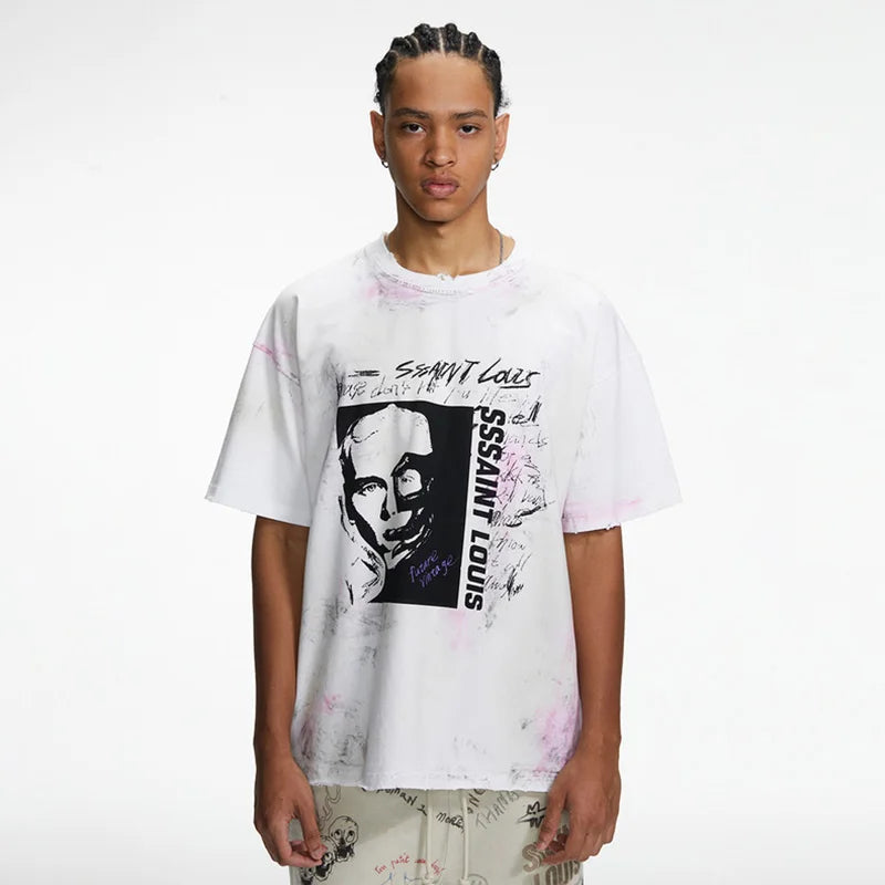 2024ss Saint Louis T-shirts Men Woman Good Quality Cotton Loose Wash White Nightmare Debris Printing Top Tees Street King Limited