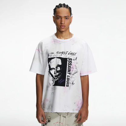 2024ss Saint Louis T-shirts Men Woman Good Quality Cotton Loose Wash White Nightmare Debris Printing Top Tees Street King Limited