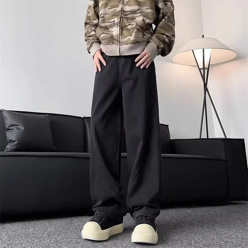 new vintage men s patchwork baggy jeans draped straight leg denim trousers autumn korean fashion high street casual y2k jean unique jeans style 527