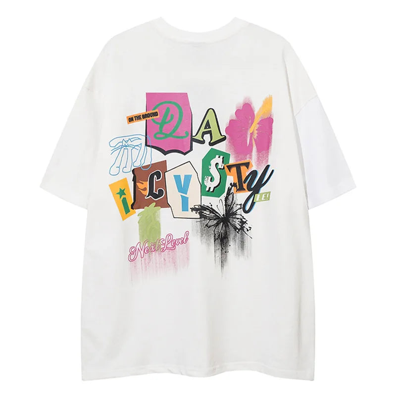 Men Short Sleeve T Shirts Hand-Painted Letter Graffiti Tshirt Harajuku Vintage High Street Distressed Round Neck Tee Tops Unisex Street King Limited