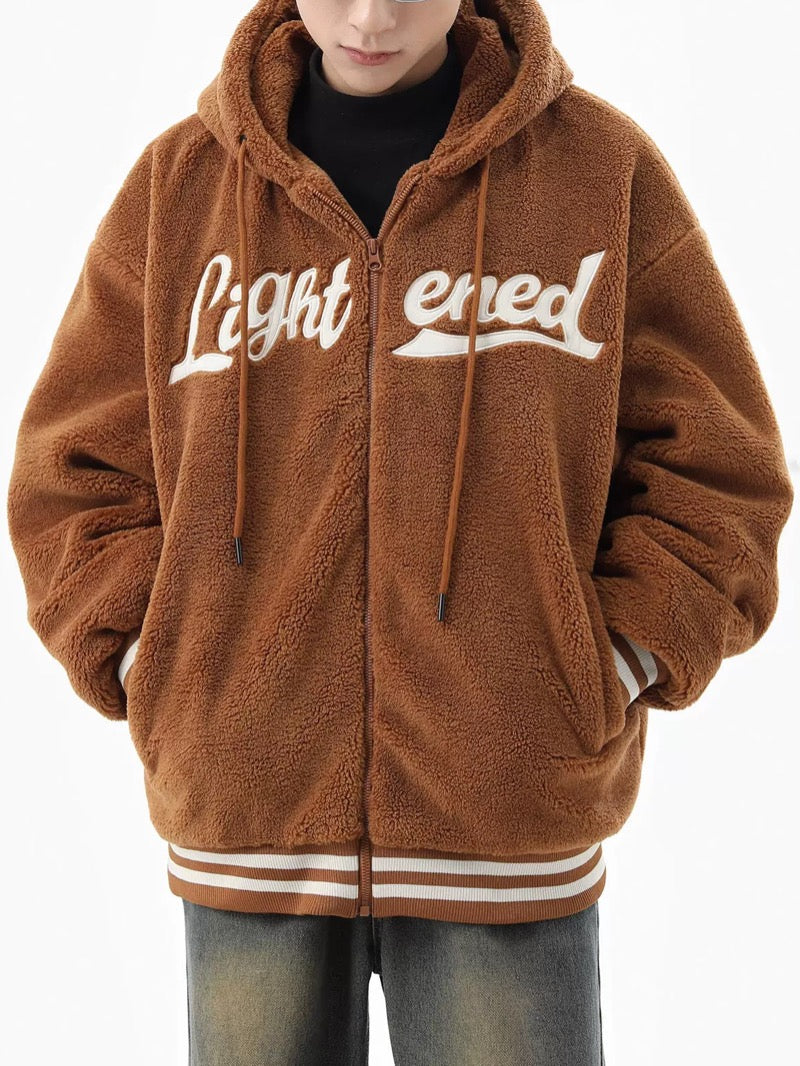 men fleece jackets and coats casual letter embroidery hairy zipper hooded outerwear warm streetwear parkas loose bomber jacket unique default style 3462