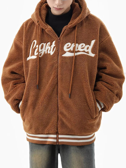 men fleece jackets and coats casual letter embroidery hairy zipper hooded outerwear warm streetwear parkas loose bomber jacket unique default style 3462