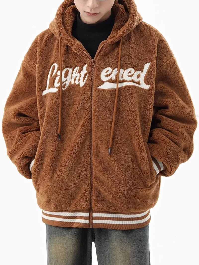 men fleece jackets and coats casual letter embroidery hairy zipper hooded outerwear warm streetwear parkas loose bomber jacket minimalist street pants