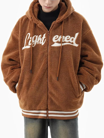 men fleece jackets and coats casual letter embroidery hairy zipper hooded outerwear warm streetwear parkas loose bomber jacket minimalist street pants