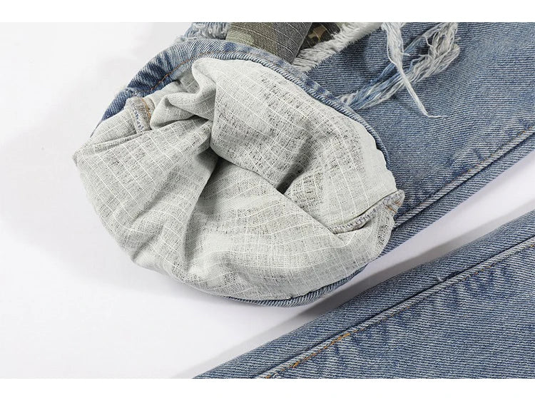 side destroyed ripped holes denim jeans pants mens casual patchwork camouflage loose straight joggers hip hop streetwear jeans unique joggers style 3079