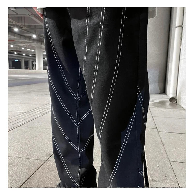 fashion design lines denim jeans mens zipper loose straight trousers hip hop new casual streetwear pants joggers baggy jeans unique joggers style 433