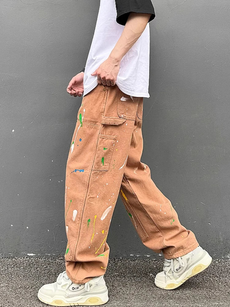 fashion graffiti printed denim jeans mens high street zipper straight jeans hip hop streetwear casual loose joggers jeans pants relaxed fit joggers