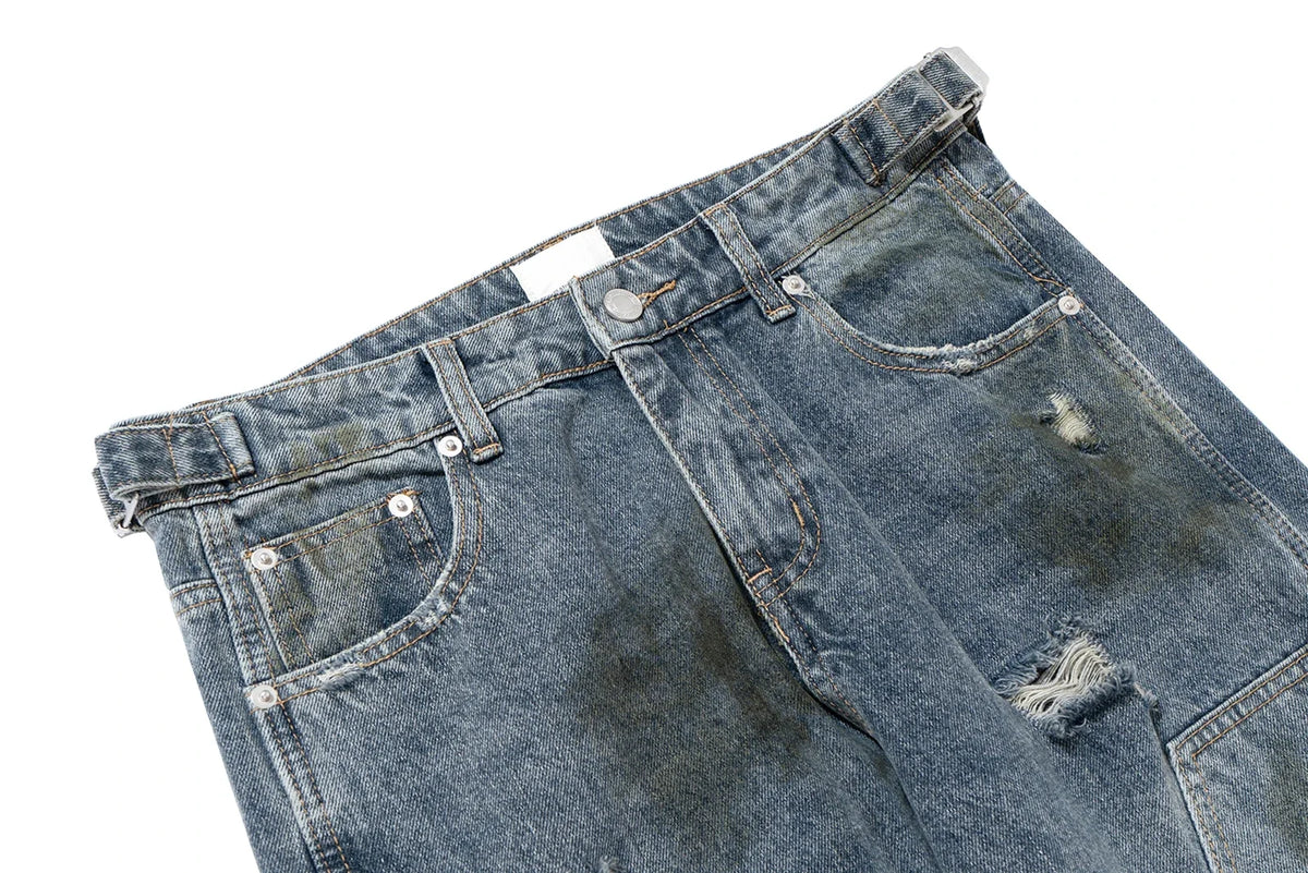 Streetwear Handmade Mud Dyed Dirty Blue Baggy Jeans for Men Distressed Hole Casual Patchwork Denim Trousers Oversized Street King Limited