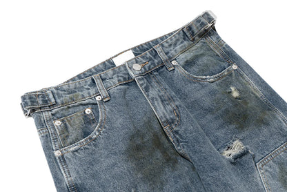 Streetwear Handmade Mud Dyed Dirty Blue Baggy Jeans for Men Distressed Hole Casual Patchwork Denim Trousers Oversized Street King Limited