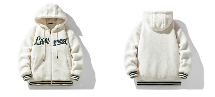 men fleece jackets and coats casual letter embroidery hairy zipper hooded outerwear warm streetwear parkas loose bomber jacket unique default style 3466