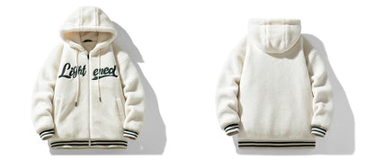 men fleece jackets and coats casual letter embroidery hairy zipper hooded outerwear warm streetwear parkas loose bomber jacket unique default style 3466