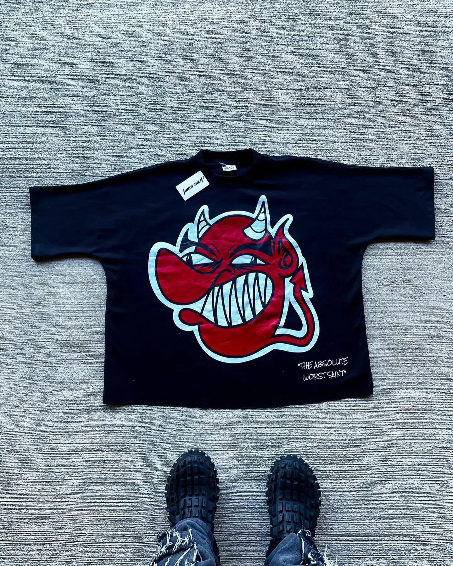 American Gothic Devil Print Oversized Round Short Sleeve Men's Y2K Street Hip-Hop Retro Harajuku All-match Top Couple Style Street King Limited