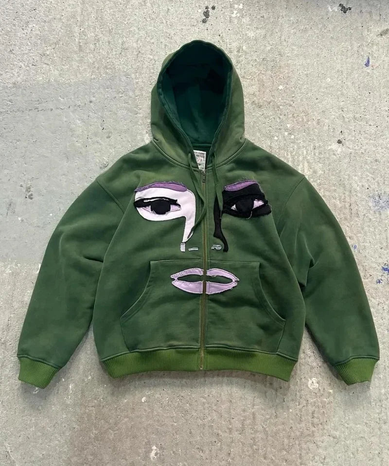 Fashionable Cartoon Embroidered Oversized Cardigan Jacket Women Y2k Harajuku Hip-hop Gothic Punk Casual Loose Zipper Hoodie Men Street King Limited