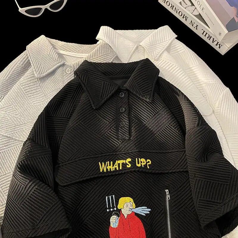 Korean waffle short-sleeved polo shirt with cartoon pattern summer jacquard collar t-shirt for men ins Hong Kong style loose top Street King Limited