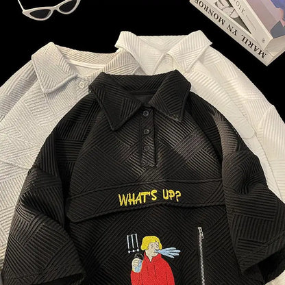 Korean waffle short-sleeved polo shirt with cartoon pattern summer jacquard collar t-shirt for men ins Hong Kong style loose top Street King Limited