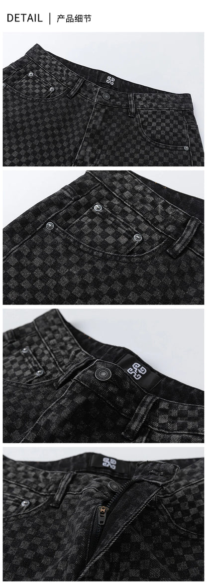 men streetwear fashion hip hop loose casual print black plaid denim pant jeans man vibe straight cowboy baggy jeans trousers unique jeans style 1455