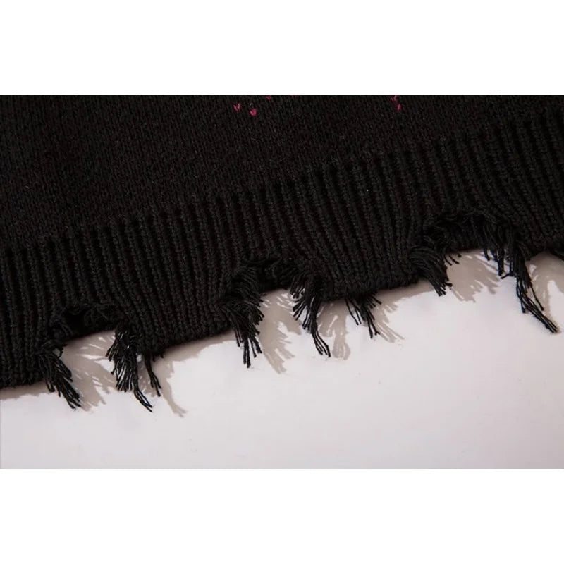 Deeptown Goth Punk Women's Ripped Knitted Sweater Gothic Vintage Jumper Grunge Y2k Knitwear Oversized Autumn Fashion Harajuku Street King Limited