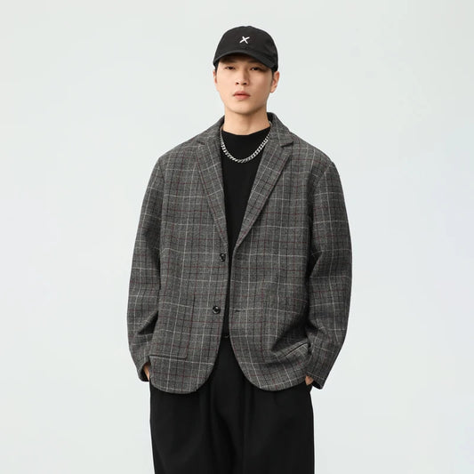 men autumn winter retro casual plus size thick plaid blazer jacket commuter man business streetwear fashion suit coat outerwear urban fashion pants