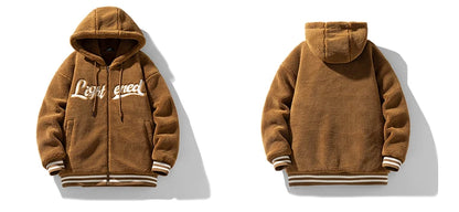 men fleece jackets and coats casual letter embroidery hairy zipper hooded outerwear warm streetwear parkas loose bomber jacket unique default style 3468