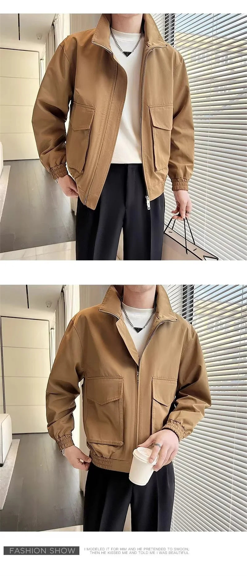 autumn solid color cargo jackets for men new korean fashion zipper cardigan coats stand collar streetwear bomber jacket hombre unique cargo style 1665