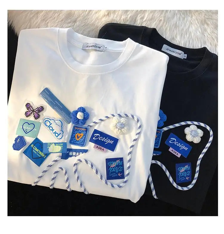 Super Chic Appliques Butterfly Bow Creative T Shirts Sweet Girl Kawaii Clothes 2022 Summer Large 2XL Korean Brand Office Ladies Street King Limited