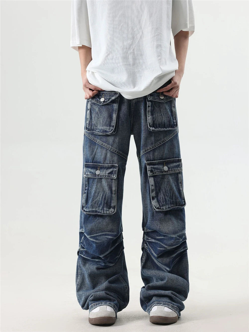 2024 multi pocket jeans vintage mens harajuku cargo denim pants retro hip hop straight loose jean pants 1 unique cargo style 232
