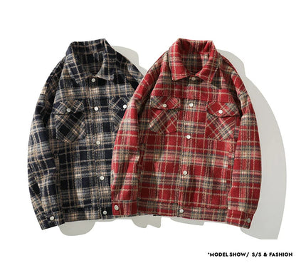 american retro red plaid jacket england style couple shirt jackets autumn new unisex coat three dimensional pockets design unique default style 5748