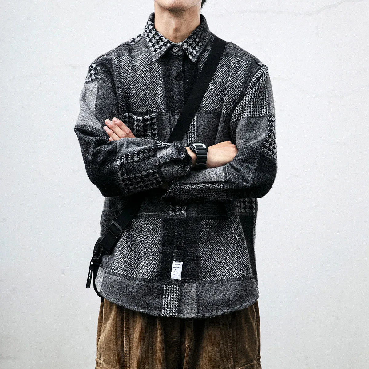 Autumn And Winter Japanese Vintage Splicing Plaid Shirt Men's Brushed Long-Sleeved Casual Thickened Versatile Woolen Shirt Street King Limited
