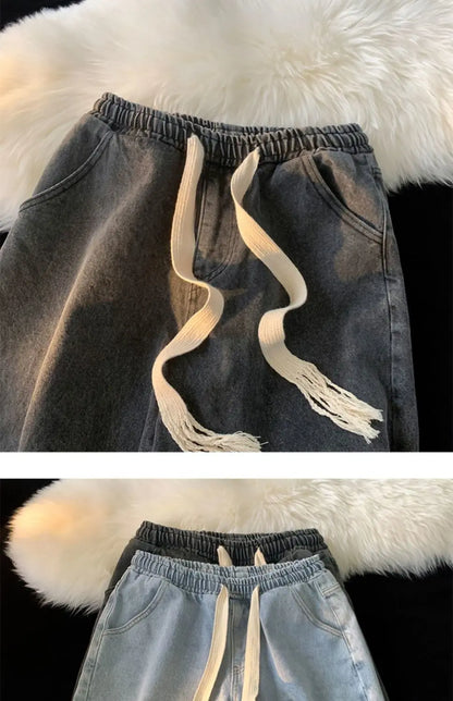 American denim shorts men's summer thin denim shorts elastic waist loose American retro high street pants men clothing y2k tops Street King Limited