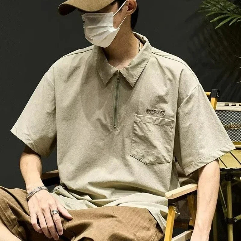 Streetwear Summer Short Sleeve Lapel Polo Shirt Mens Letter Embroidery Zipper Gol Summer Short Sleeve Lapel Polo Shirt Mens Letter Embroidery Zipper Golf Wear 2024 Korean Fashion Streetwear Loose Tee Shirts Fashion Sweater Jacket With Graphic Design For Men