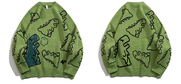Fashion Knitted Sweater Autumn Winter O-neck Dinosaur Pattern Pullover Streetwear Unisex Casual Loose Sweaters Jumper Knitwears Street King Limited