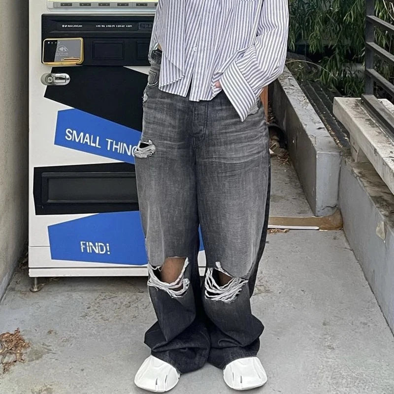 baggy damaged heavy industry washed jeans pants vibe loose casual silhouette straight worn pants knee ripped denim trousers urban skinny jeans