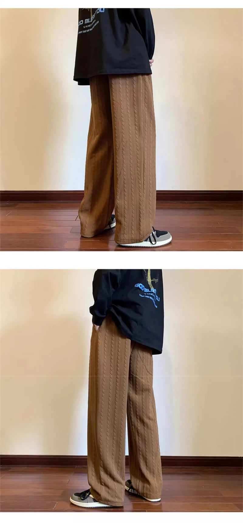 autumn waffle foam striped design pants for men new high street wide leg straight trousers casual y2k vintage pantalones hombre unique default style 100