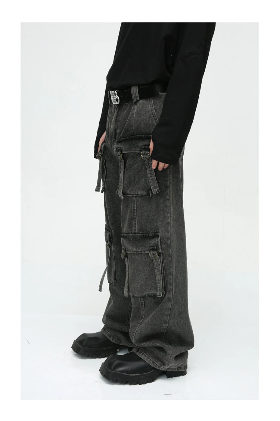 multi pocket cargo jeans men korean fashion loose straight denim pants unique cargo style 512