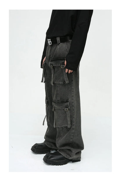 multi pocket cargo jeans men korean fashion loose straight denim pants unique cargo style 512
