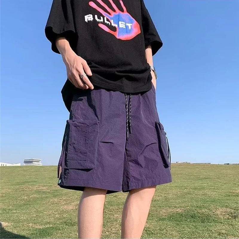 summer casual purple cargo shorts men high street drawstring pocket baggy short sweatpants y2k hip hop bermudas homme shorts unique joggers style 160