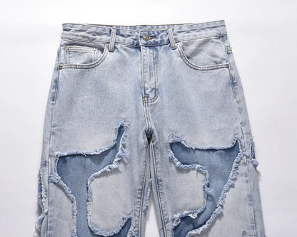 high street vibe style patchwork frayed jeans pants for men retro washed hole ripped casual loose denim trousers oversized unique jeans style 2370