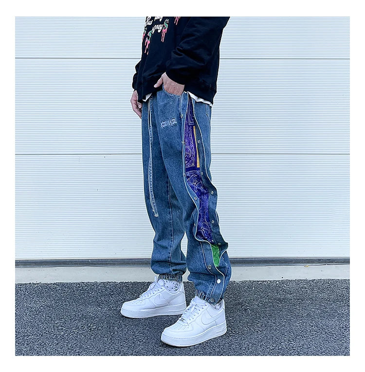 washed distressed denim sweatpant cashew flower patchwork oversized splice buckle jogging jeans casual button baggy men clothing unique joggers style 3347