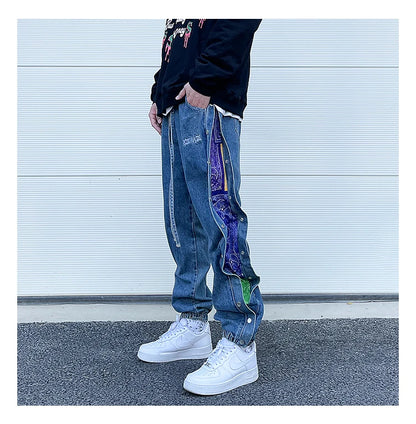 washed distressed denim sweatpant cashew flower patchwork oversized splice buckle jogging jeans casual button baggy men clothing unique joggers style 3347