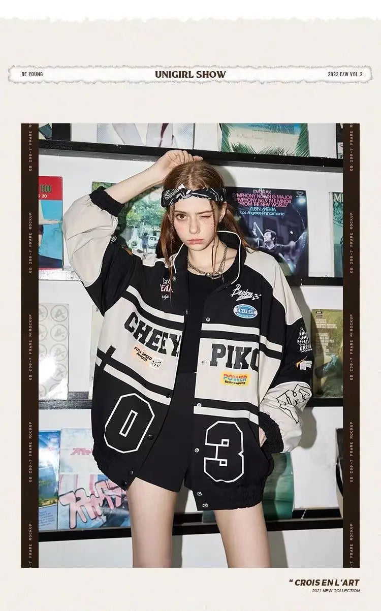 Spring and Autumn American letter printed motorcycle baseball jacket street style racing couple style goth  denim jacket women Street King Limited