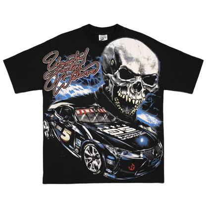 American gothic punk skull print pattern oversized T-shirt men's Y2K streetwear hip-hop loose and versatile short sleeved shirt Street King Limited